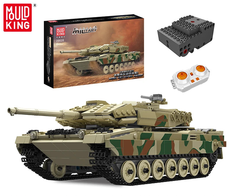 Toy tank set with Mould King packaging, remote control, and additional pieces on a white background.