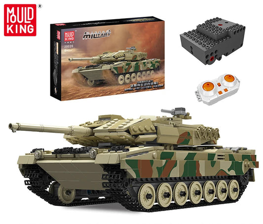 Toy tank set with Mould King packaging, remote control, and additional pieces on a white background.