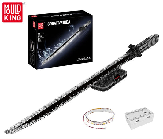 Toy sword with LED strip and brick, Mould King packaging visible