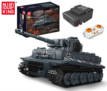 Toy tank model with remote control, packaging, and additional parts on a white background