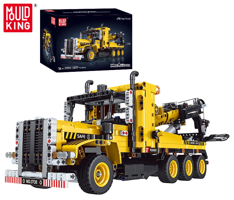 Yellow construction vehicle model with Mould King packaging on a white background