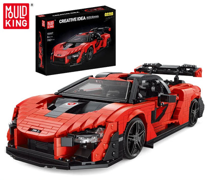 Red sports car model and packaging with Mould King branding on a white background.