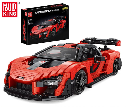 Red sports car model and packaging with Mould King branding on a white background.