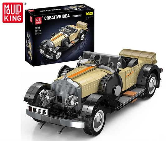 Model car built from building blocks with Mould King packaging in the background